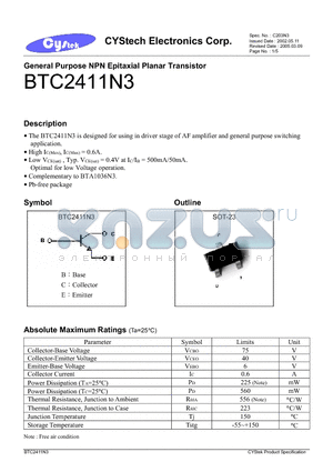 BTC2411N3 datasheet - General Purpose NPN Epitaxial Planar Transistor