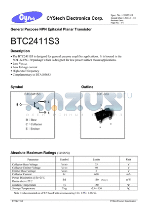 BTC2411S3 datasheet - General Purpose NPN Epitaxial Planar Transistor
