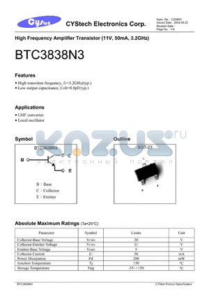 BTC3838N3 datasheet - High Frequency Amplifier Transistor (11V, 50mA, 3.2GHz)