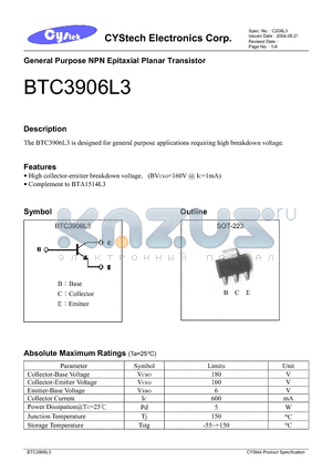 BTC3906L3 datasheet - General Purpose NPN Epitaxial Planar Transistor