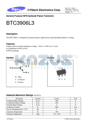 BTC3906L3 datasheet - General Purpose NPN Epitaxial Planar Transistor
