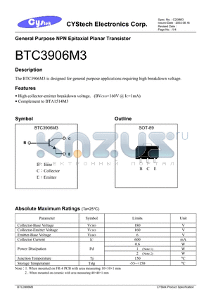 BTC3906M3 datasheet - General Purpose NPN Epitaxial Planar Transistor