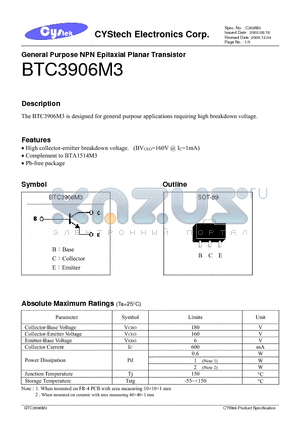 BTC3906M3 datasheet - General Purpose NPN Epitaxial Planar Transistor