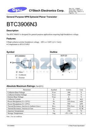 BTC3906N3 datasheet - General Purpose NPN Epitaxial Planar Transistor