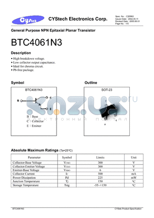 BTC4061N3 datasheet - General Purpose NPN Epitaxial Planar Transistor