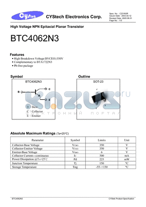 BTC4062N3 datasheet - High Voltage NPN Epitaxial Planar Transistor