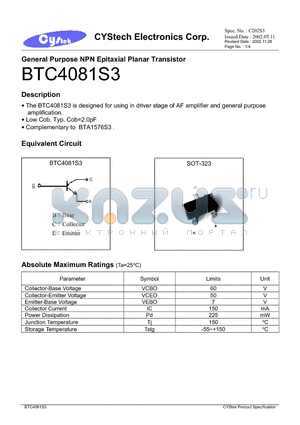 BTC4081S3 datasheet - General Purpose NPN Epitaxial Planar Transistor
