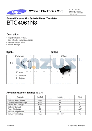 BTC4061N3 datasheet - General Purpose NPN Epitaxial Planar Transistor