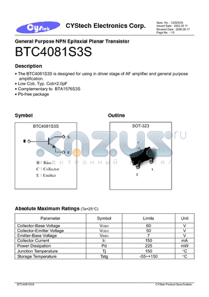 BTC4081S3S datasheet - General Purpose NPN Epitaxial Planar Transistor