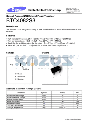 BTC4082S3 datasheet - General Purpose NPN Epitaxial Planar Transistor