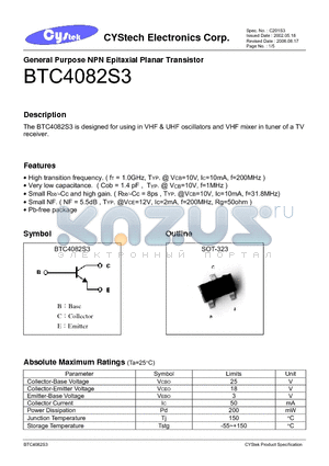 BTC4082S3 datasheet - General Purpose NPN Epitaxial Planar Transistor