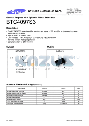 BTC4097S3 datasheet - General Purpose NPN Epitaxial Planar Transistor