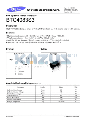 BTC4083S3 datasheet - NPN Epitaxial Planar Transistor