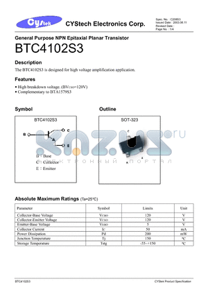 BTC4102S3 datasheet - General Purpose NPN Epitaxial Planar Transistor