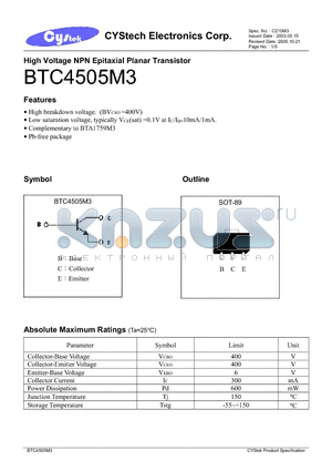 BTC4505M3 datasheet - High Voltage NPN Epitaxial Planar Transistor