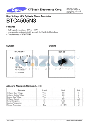 BTC4505N3 datasheet - High Voltage NPN Epitaxial Planar Transistor