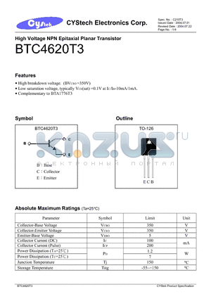 BTC4620T3 datasheet - High Voltage NPN Epitaxial Planar Transistor