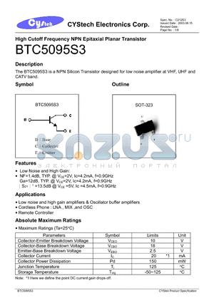 BTC5095S3 datasheet - High Cutoff Frequency NPN Epitaxial Planar Transistor