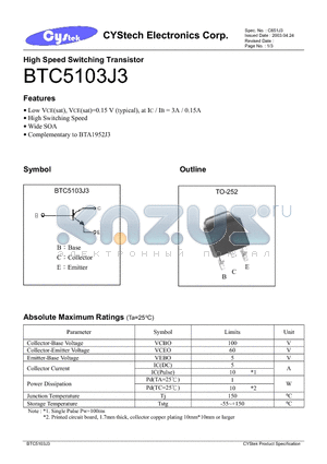 BTC5103J3 datasheet - High Speed Switching Transistor