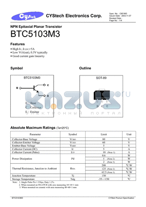 BTC5103M3 datasheet - NPN Epitaxial Planar Transistor