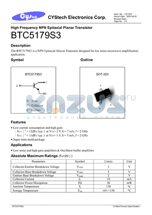 BTC5179S3 datasheet - High Frequency NPN Epitaxial Planar Transistor