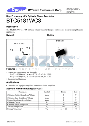 BTC5181WC3 datasheet - High Frequency NPN Epitaxial Planar Transistor
