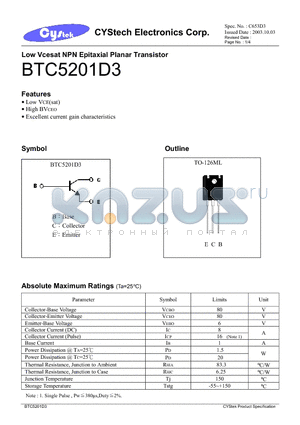 BTC5201D3 datasheet - Low Vcesat NPN Epitaxial Planar Transistor