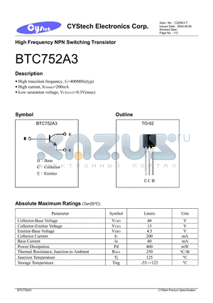 BTC752A3 datasheet - High Frequency NPN Switching Transistor