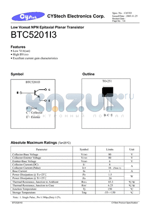 BTC5201I3 datasheet - Low Vcesat NPN Epitaxial Planar Transistor