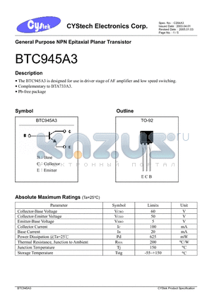 BTC945A3 datasheet - General Purpose NPN Epitaxial Planar Transistor