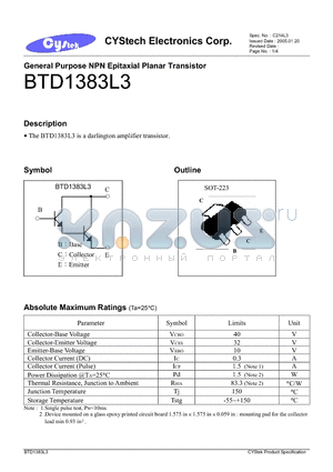 BTD1383L3 datasheet - General Purpose NPN Epitaxial Planar Transistor