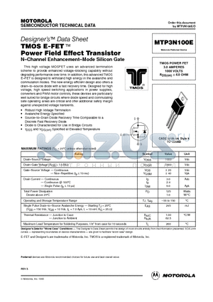 3N100E datasheet - TMOS POWER FET 3.0 AMPERES 1000 VOLTS RDS(on) = 4.0 OHM