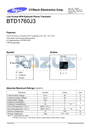 BTD1760J3 datasheet - Low Vcesat NPN Epitaxial Planar Transistor