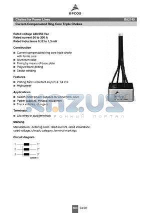 B82745 datasheet - Chokes for Power Lines Current-Compensated Ring Core Triple Chokes