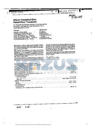 3N153 datasheet - SILICON INSULATED GATE FIELD EFFECT TRANSISTOR
