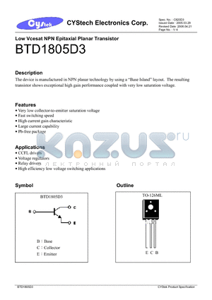 BTD1805D3 datasheet - Low Vcesat NPN Epitaxial Planar Transistor