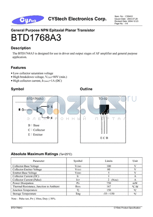 BTD1768A3 datasheet - General Purpose NPN Epitaxial Planar Transistor