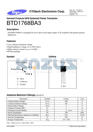 BTD1768BA3 datasheet - General Purpose NPN Epitaxial Planar Transistor