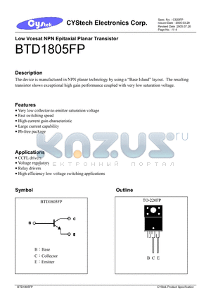 BTD1805FP datasheet - Low Vcesat NPN Epitaxial Planar Transistor