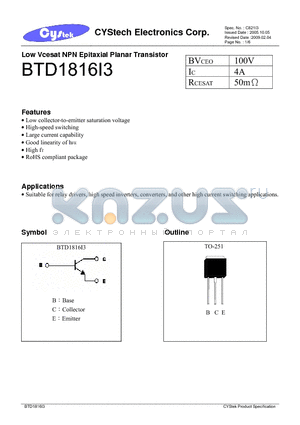 BTD1816I3 datasheet - Low Vcesat NPN Epitaxial Planar Transistor