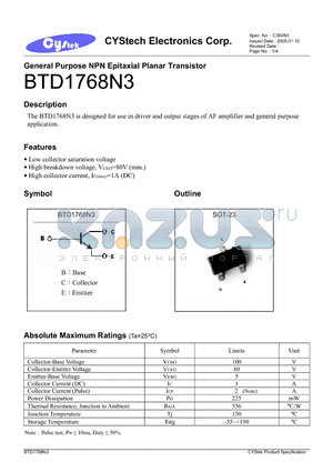 BTD1768N3 datasheet - General Purpose NPN Epitaxial Planar Transistor