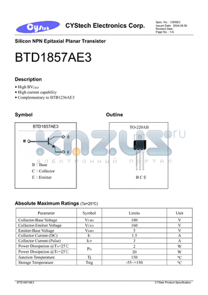 BTD1857AE3 datasheet - Silicon NPN Epitaxial Planar Transistor
