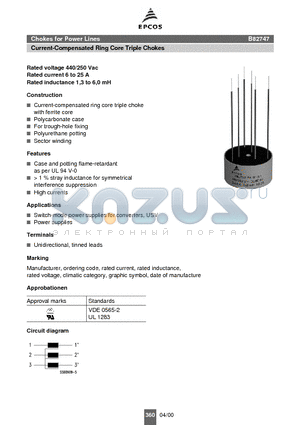 B82747 datasheet - Chokes for Power Lines Current-Compensated Ring Core Triple Chokes