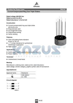 B82747-F4163-N1 datasheet - Chokes for Power Lines Current-Compensated Ring Core Triple Chokes