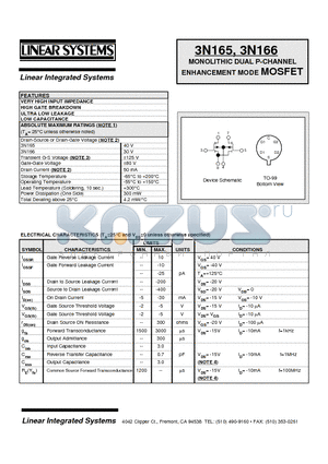 3N165 datasheet - MONOLITHIC DUAL P-CHANNEL ENHANCEMENT MODE MOSFET