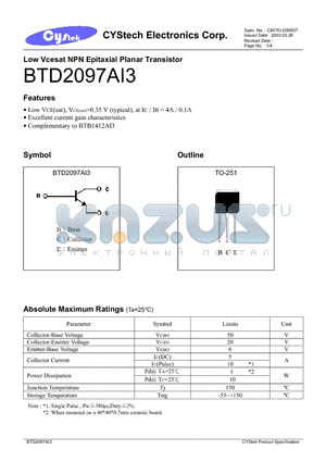 BTD2097AI3 datasheet - Low Vcesat NPN Epitaxial Planar Transistor