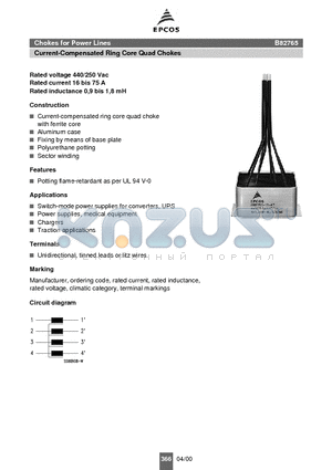 B82765-C1-A5 datasheet - Chokes for Power Lines Current-Compensated Ring Core Quad Chokes