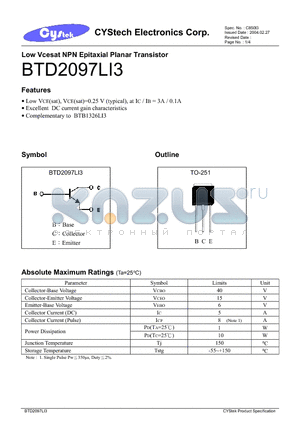 BTD2097LI3 datasheet - Low Vcesat NPN Epitaxial Planar Transistor