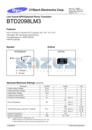 BTD2098LM3 datasheet - Low Vcesat NPN Epitaxial Planar Transistor