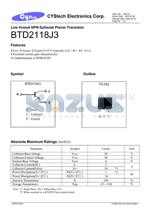 BTD2118J3 datasheet - Low Vcesat NPN Epitaxial Planar Transistor